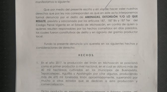 Presenta Gobierno de Michoacán denuncia por extorsión a limoneros de Apatzingán
