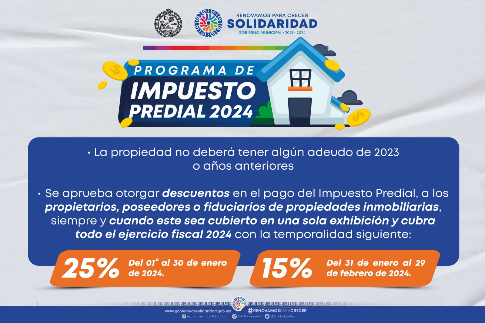 En enero, continúan descuentos en predial del 25, 40 y 50% – H. Ayuntamiento de Solidaridad